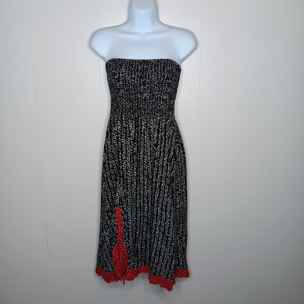 Y2K Kiki Dress Womens Sz S Black All Over Letter Print Smocked Strapless